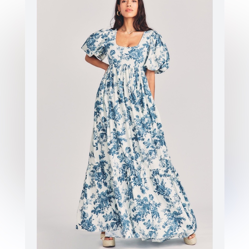 LoveShackFancy Danbury Blue and White Floral Maxi Dress